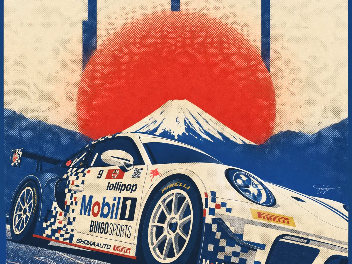 Lollipop Racing race poster: the #9 Porsche under Mount Fuji and a red sun